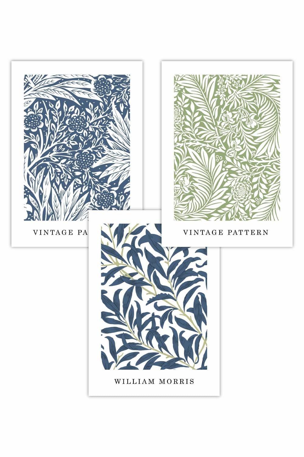Set of 3 Blue & Green William Morris Vintage Floral Art Posters